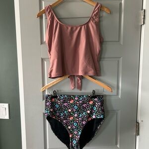 Floral High-Waisted Bikini Set - Pink and Black